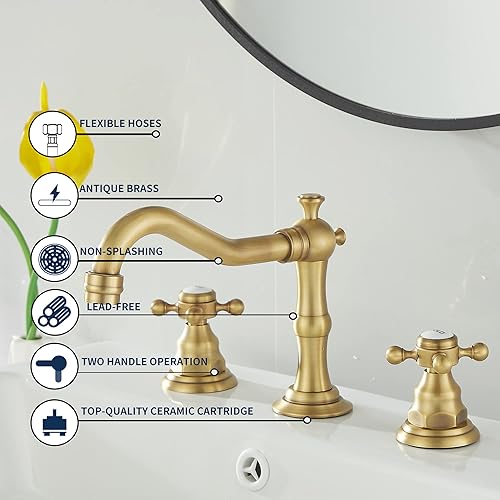 Miniatura 5 de GGStudy 2 manijas 3 agujeros grifo de baño extendido grifo de lavabo de latón antiguo grifo mezclador manguera de suministro incluida metal a juego