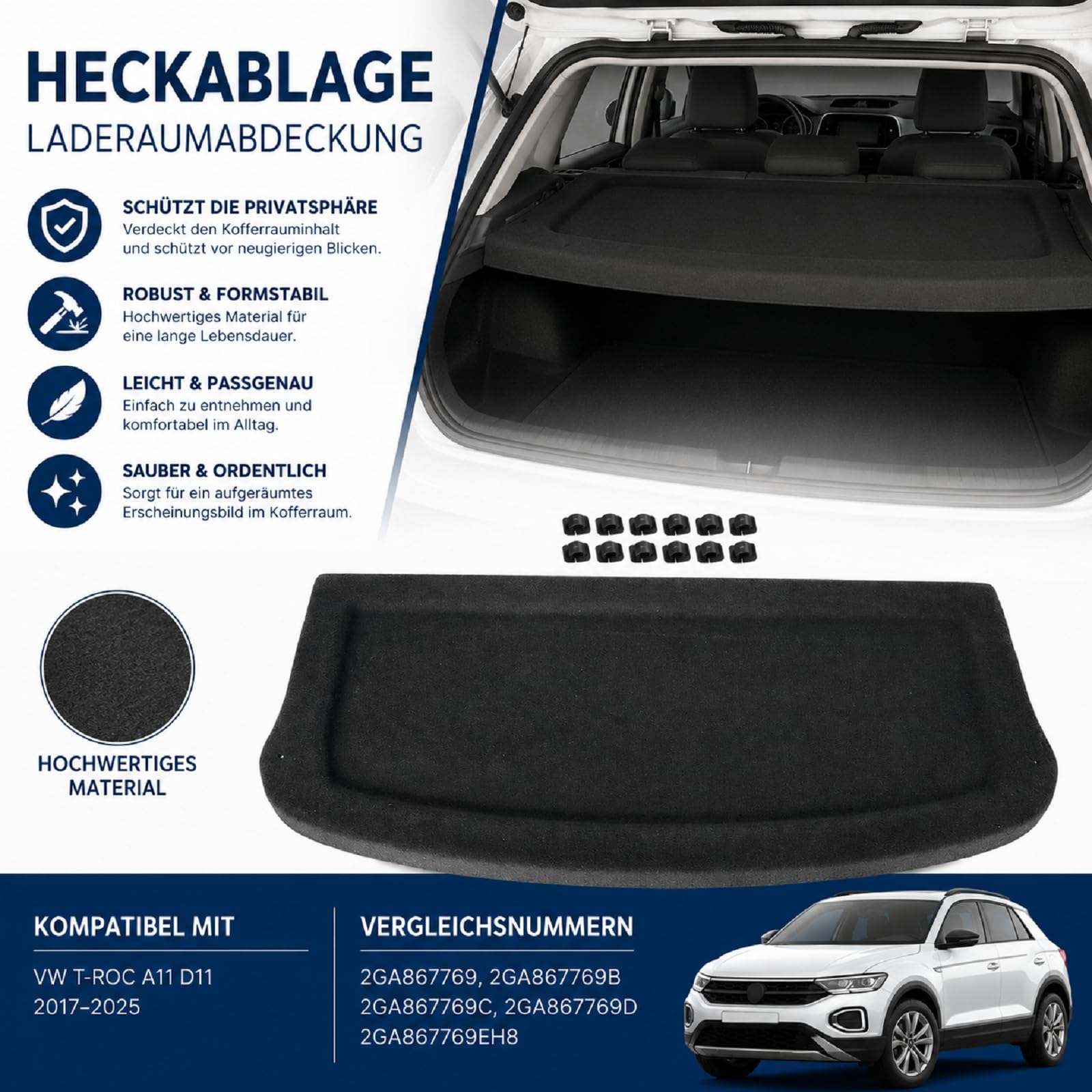 Heckablage Laderaumabdeckung Kofferraumabdeckung Kompatibel mit VW T-ROC A11 D11 2017–2025 2GA867769 2GA867769B 2GA867769C 2GA867769D 2GA867769EH8