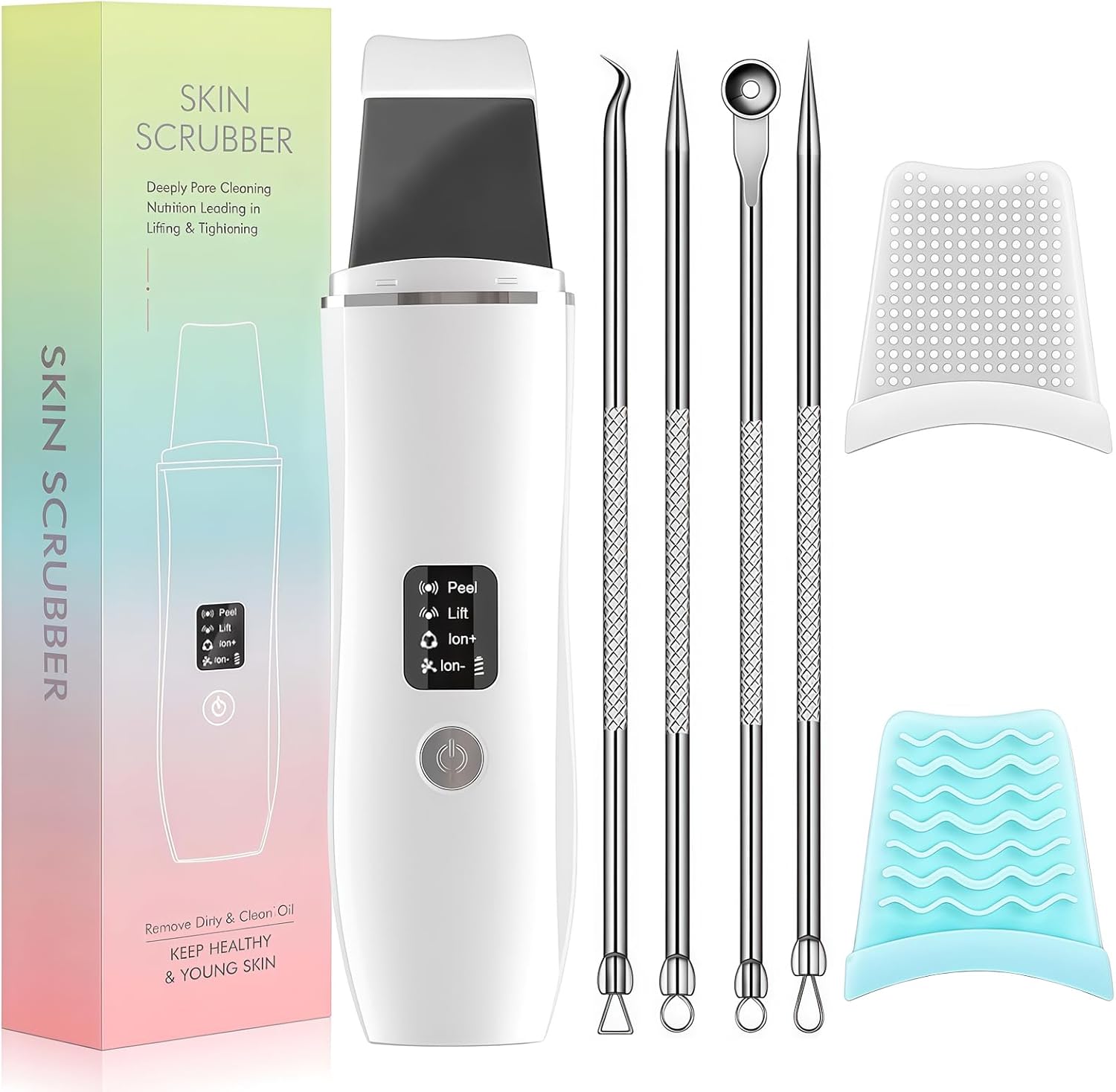 Blackhead Remover Tools for Facial Skin, Black Head Remover for Face Scrubber, Face Pore Ion Scrubber & Cleaner with 4 Modes, Ultrasonic Spatula With Silicone Covers and Removal Kit (White)