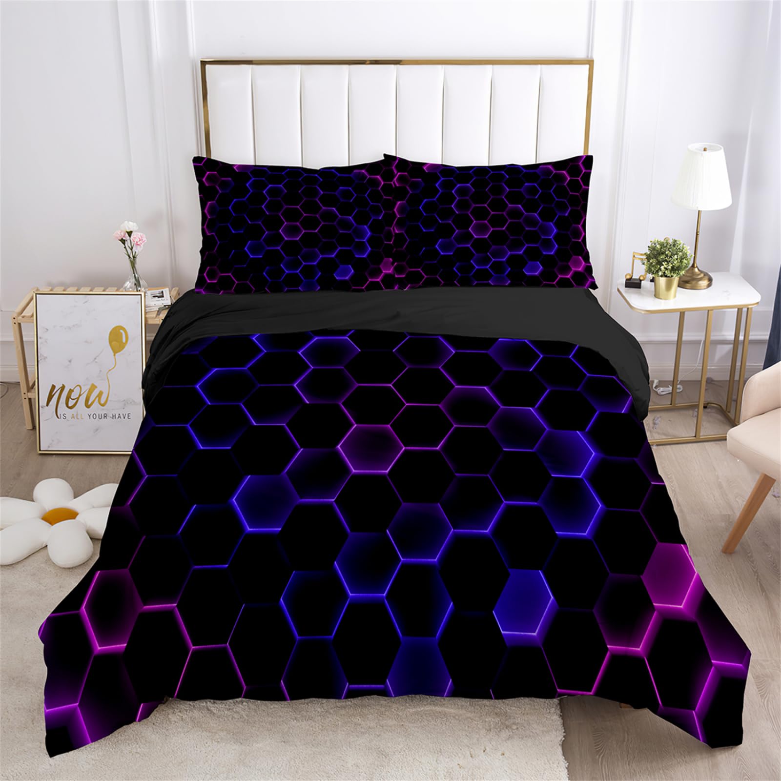 Dwetcxo Single Duvet Cover Set Black Purple Hexagon Single Bed Duvet Cover Set Soft Microfiber Breathable Bedding Durable Single Bedding Sets with Zipper Closure+2 Pillowcases 50x75cm 140x200cm