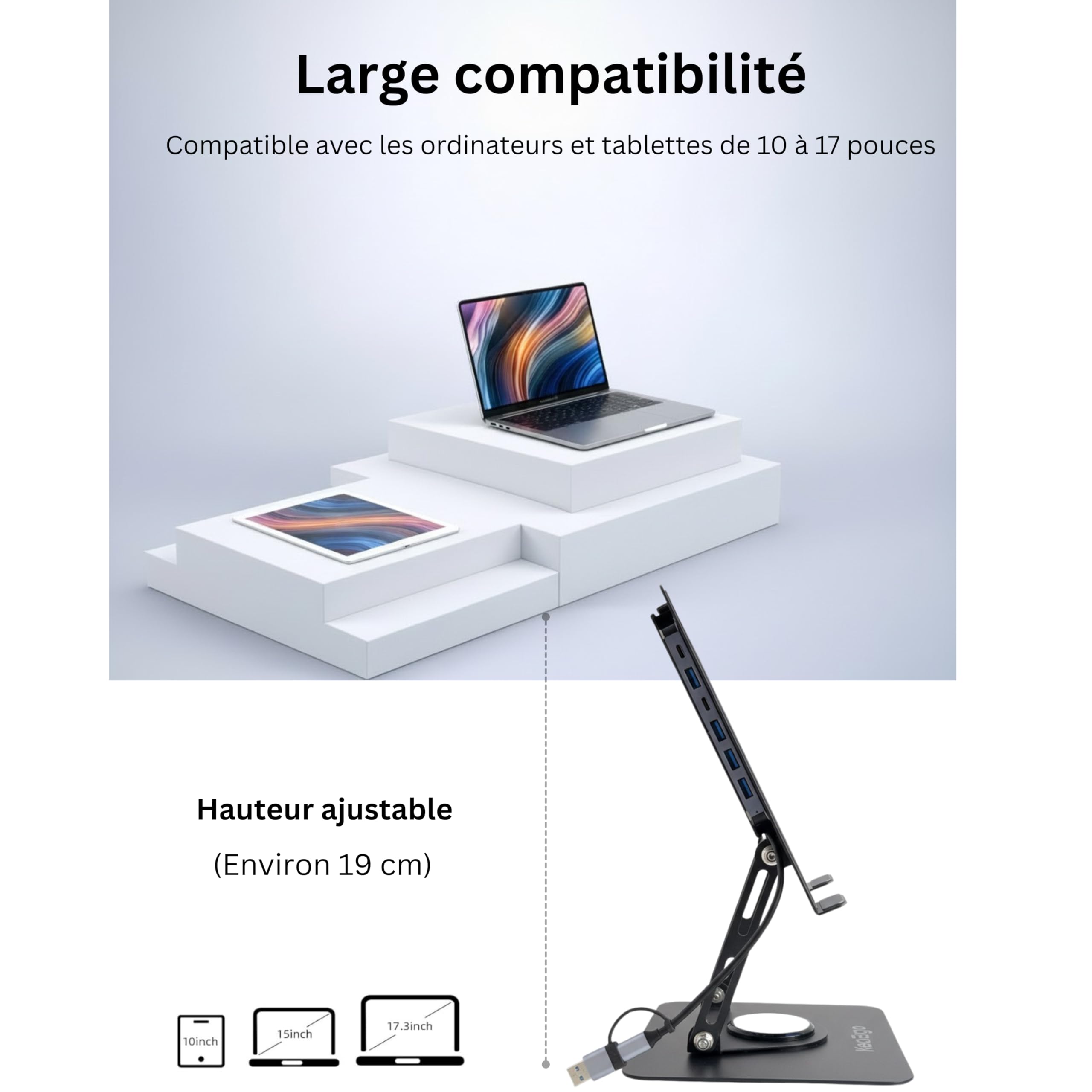 Support Ordinateur Portable, Support PC Ergonomique Rotatif 360°, Réglable en Hauteur, Ultra Stable, Pliable avec Hub USB 6-en-1 Laptop Stand Compatible PC & MacBook 10-17"