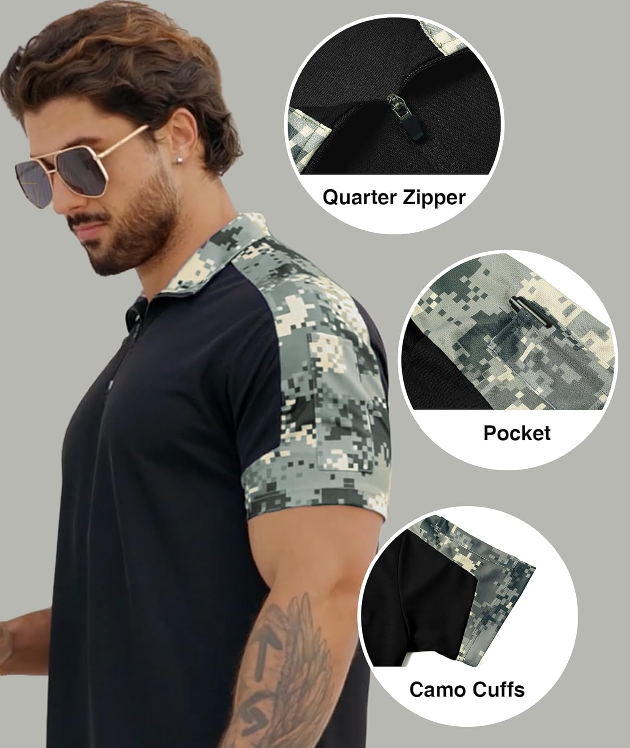 ZITY Polo Shirts for Men Quarter Zip Short Sleeve Tactical Casual Golf Shirts Collared for Military Army T-Shirts