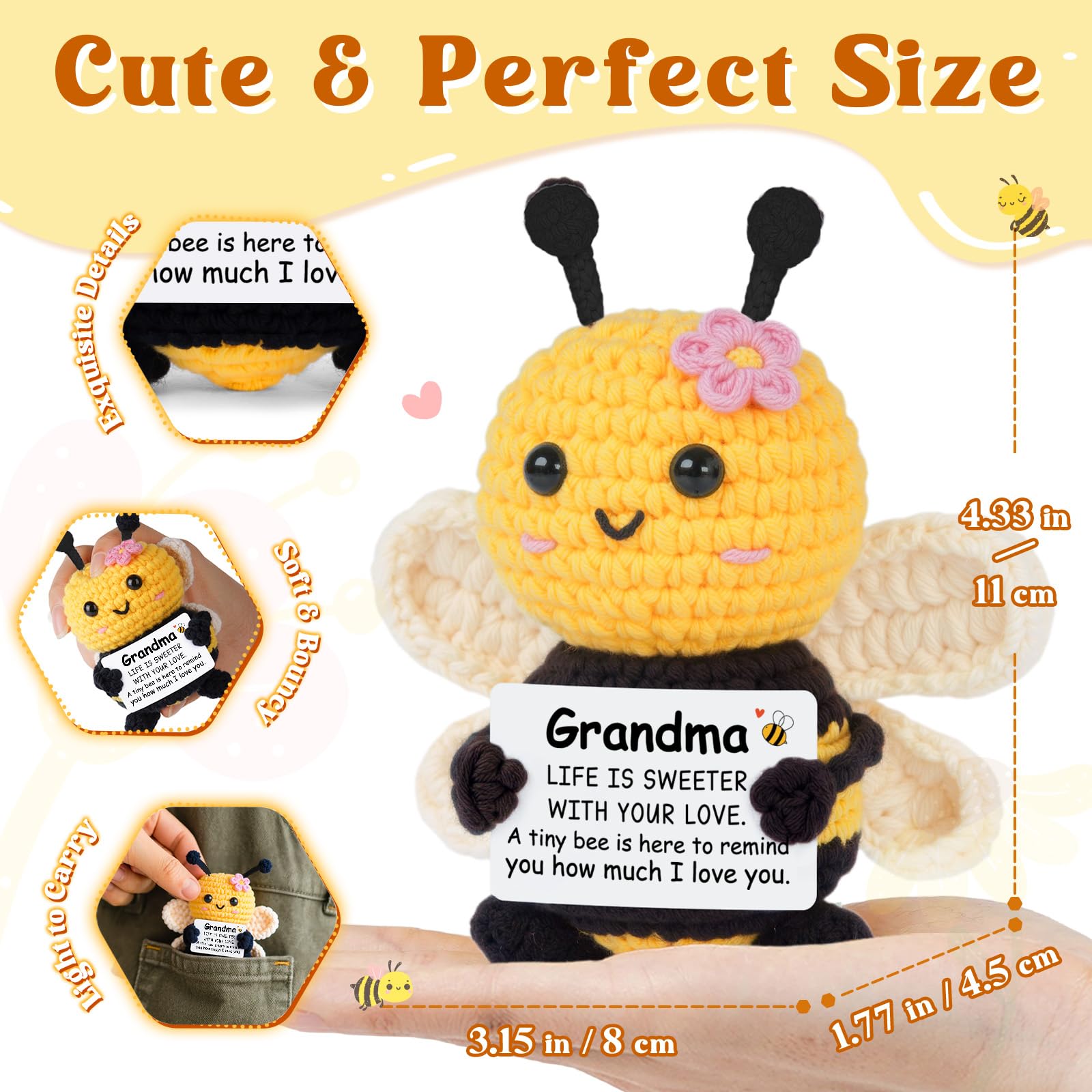 Grandma Gifts from Granddaughter Grandson, Birthday Gifts for Grandma - Cute Handmade Crochet Bee - Valentines Mothers Day for Grandmother, Emotional Support Crochet Decor