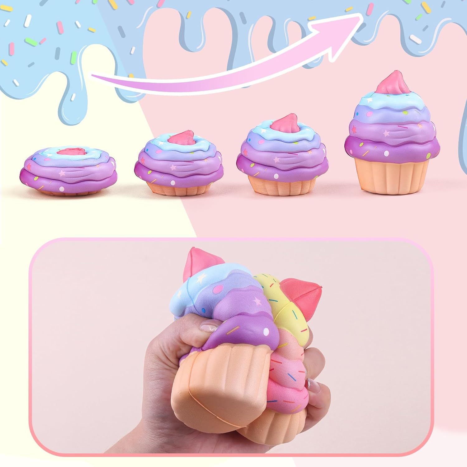 Anboor 3 Pcs Squishies Toys for Kids Cake Slow Rising Fake Cupcake Foam Food Squishys Jumbo Stress Big Squishes Cute Squeeze Toy - Image 3