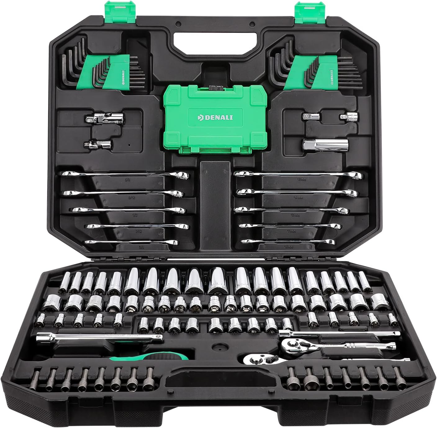 Amazon Brand - Denali 142-Piece Mechanics Tool Kit and Socket Set, 19 x 14.2 x 3.9 in
