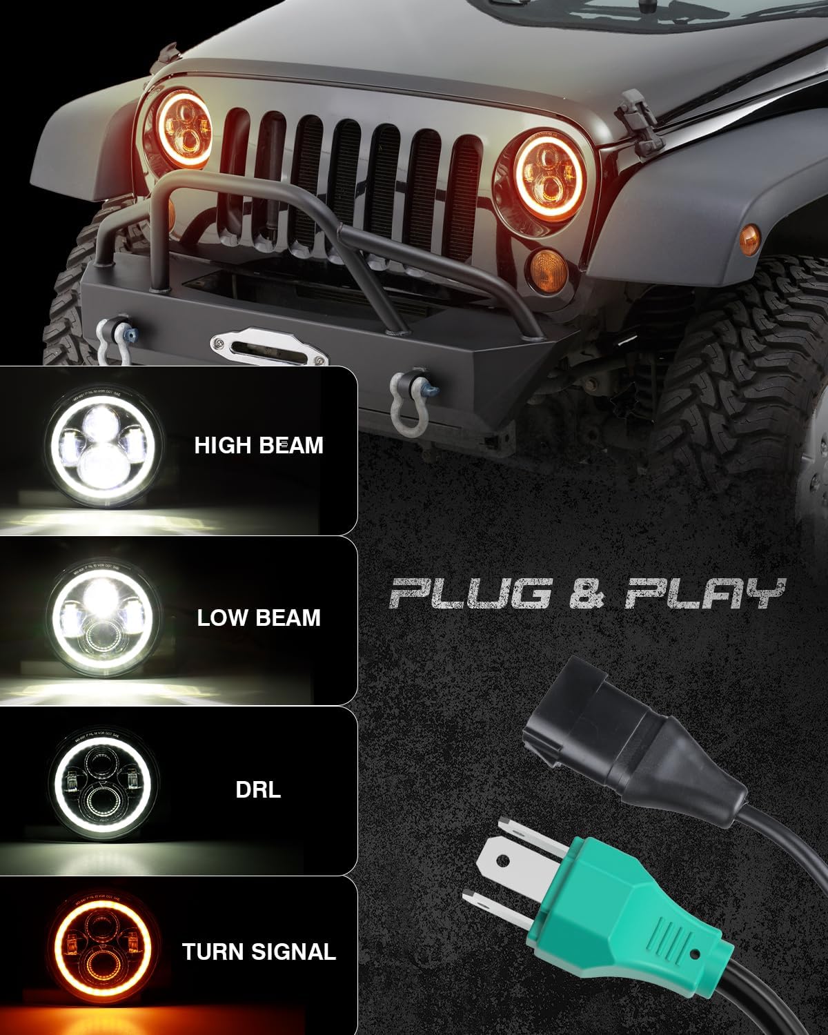 7 Inch Round LED Halo Headlights with Switchback Adapter for Amber Turn Signal White DRL Compatible with 2007-2017 Jeep Wrangler JK JKU- Black