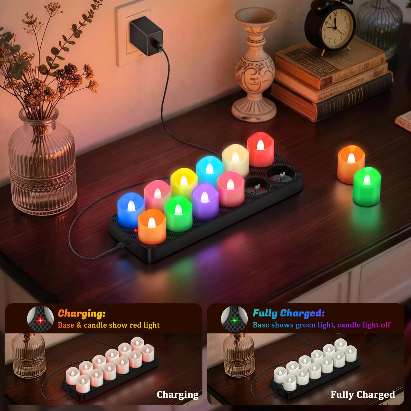 PChero LED Bunte Teelichter Wiederaufladbar mit Ladestation & Fernbedienung | 12er Multicolour Teelichter LED Aufladbar Kerzen Flackernd mit Timer, RGB Farbwechsel, für Halloween Weihnachten Party Deko
