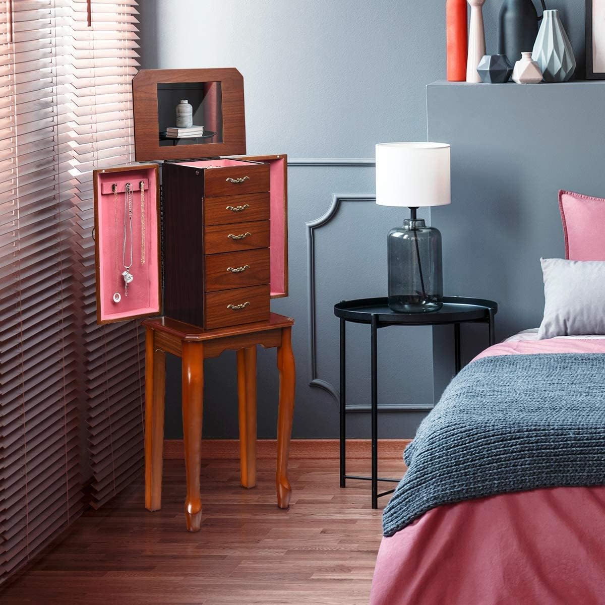 Wooden Jewelry Storage Chest w/Top Flip Mirror, Standing Jewelry Armoire Cabinet w/ 4 Drawers, 2 Side Doors, 6 Necklace Hooks, Jewelry Drawer Organizer Cabinet, Best Gift for Girl Women
