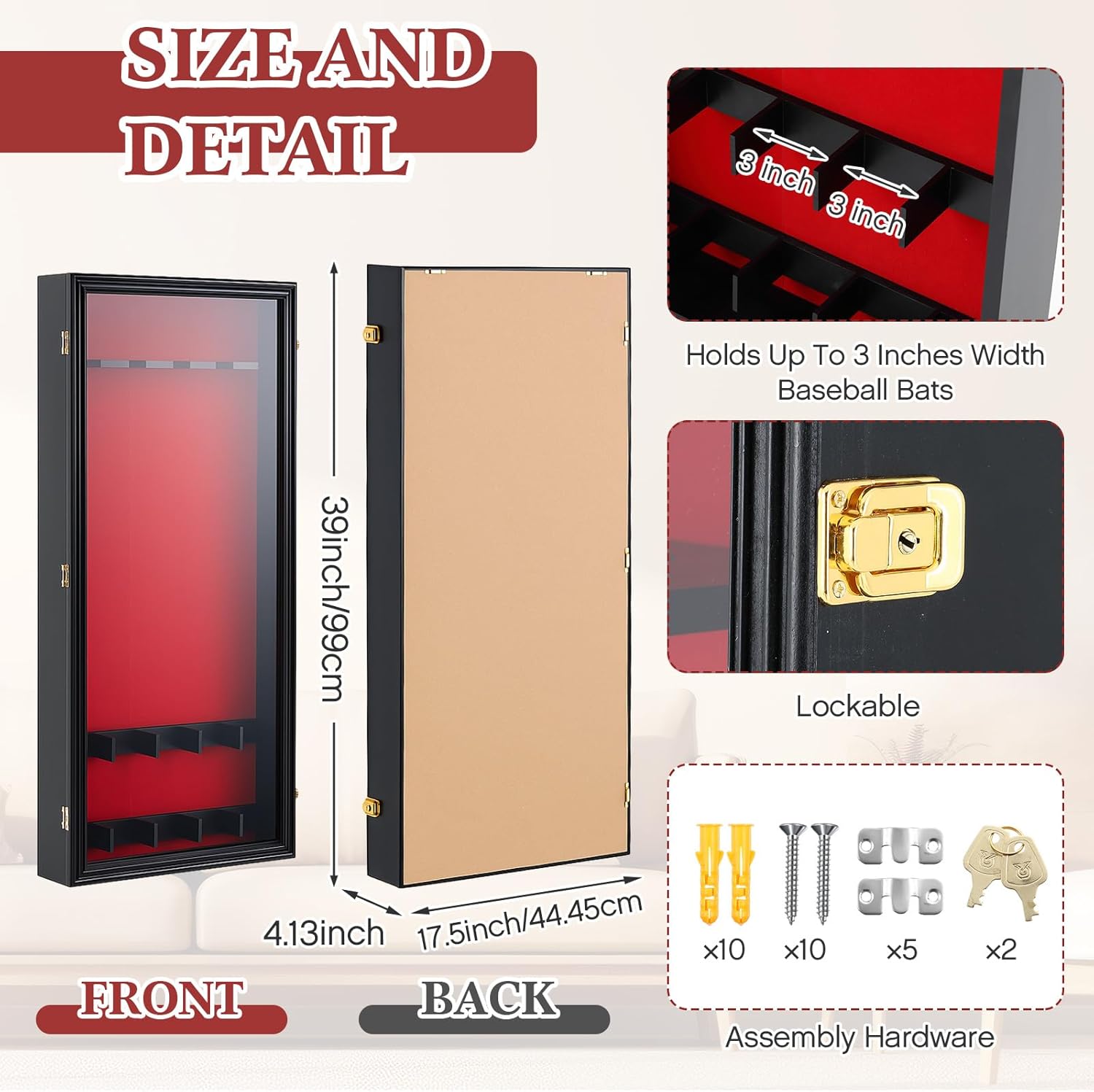 Baseball Bat Display Case Wall Mounted Shadow Box Vertical or Horizontal UV Protection Display Boxes with Acrylic Transparent Door Holder for Collector Memorabilia Gift(5 Baseball Bat) Black Finish Red Felt 5 bat Standard Baseball Bat