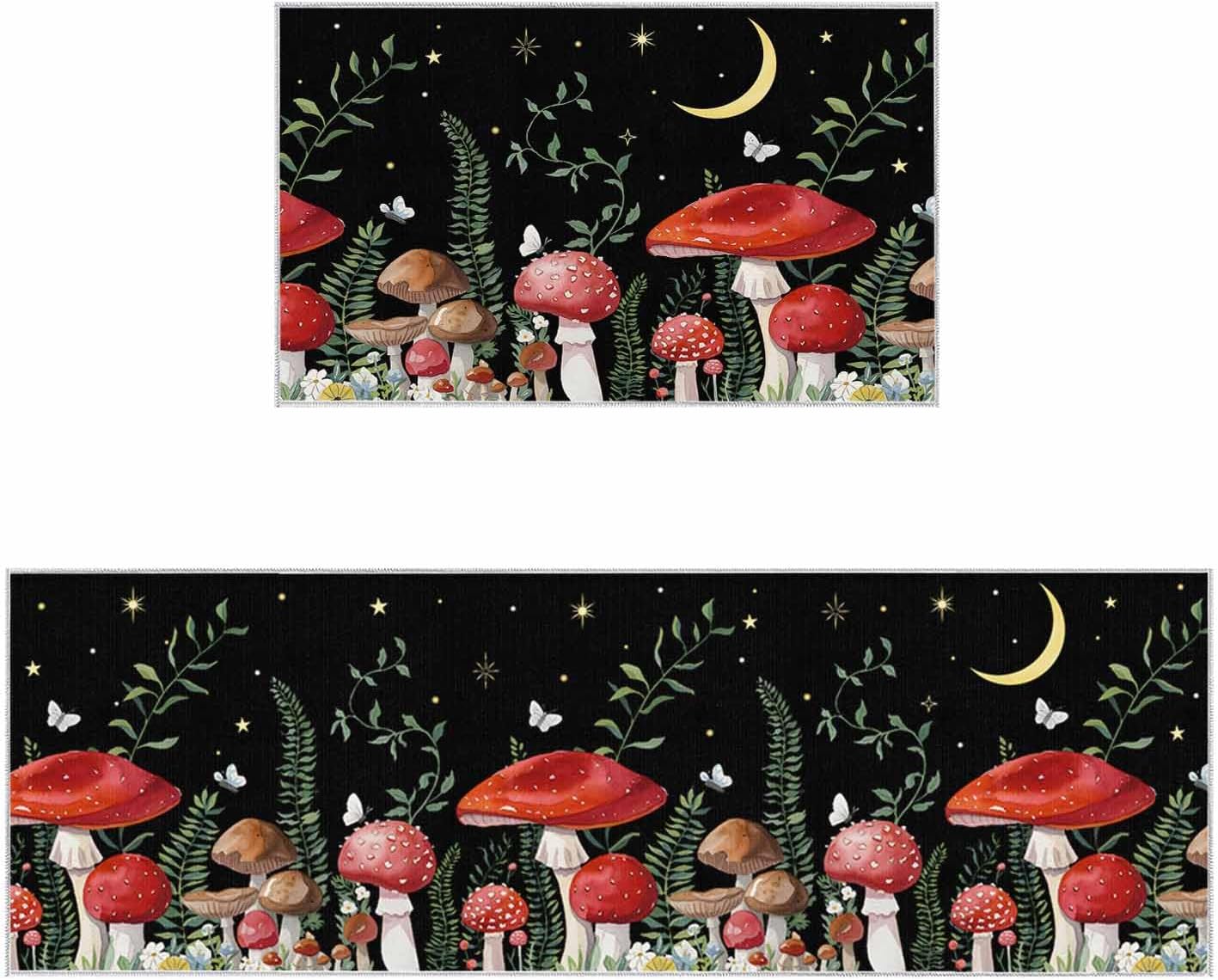 2 Pieces Kitchen Rugs and Mats,Mushroom Butterfly Leaf in Moon Sky Area Runner Rug Set Non Slip Floor Doormat Washable Carpet Standing Mat for Kitchen Sink Indoor Corridor,Pastoral Botanical Art