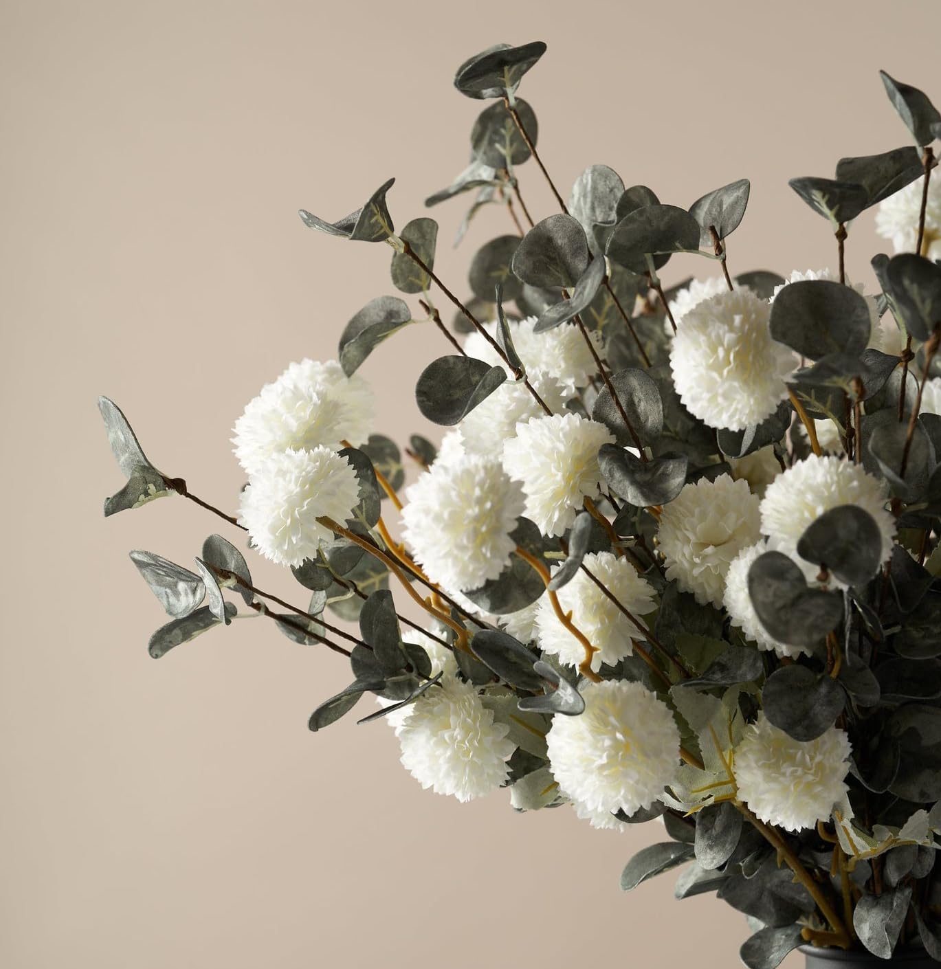 Laelfe 10 Kiku Artificial Flowers + 5 Large Eucalyptus Branches, Silk Fake White Flowers Pompon Mums (Ball Flower Stems) - Decor for Home, Centerpieces & Shower Arrangements(Vase not Included)