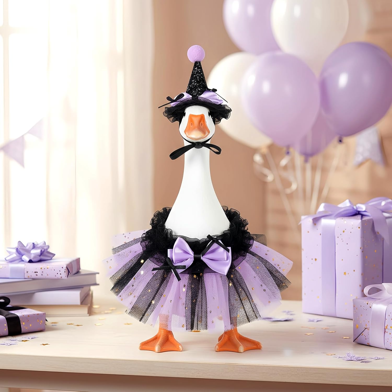 7 Inch Mini Desk Goose Outfits,Mini Porch Goose Outfits Includ Bowknot Top Hat & Tutu Dress for Princess Goose Statue Art Decor（Purple）