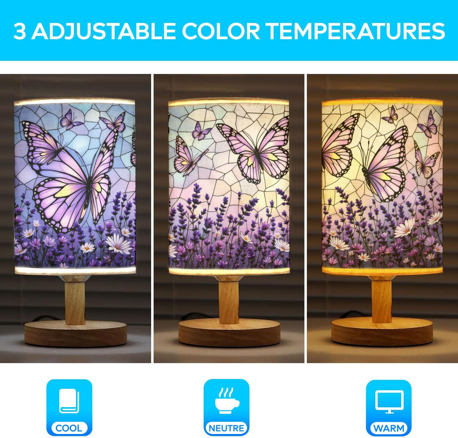 Lavender Monarch Butterflies Table Lamp LED 3-Color Pressed Bedside, Lavender Monarch Butterflies Shade Lamp with Wood Base for Bedroom Living Room Desk Office