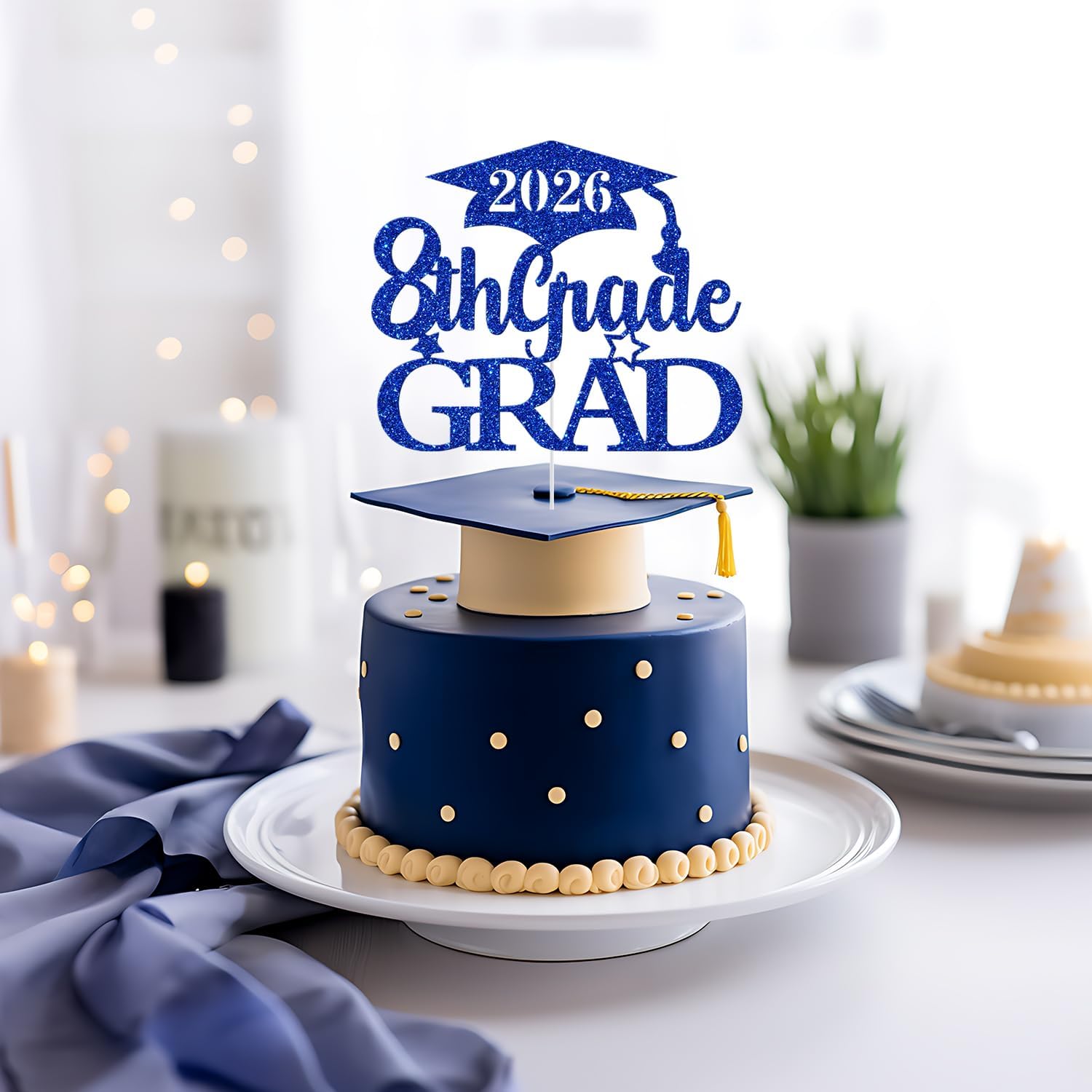 8th Grade Grad Cake Topper, Eighth Graduation Decorations, Peace Out 8th Grade, 2026 Eighth Grade Graduation Party Decorations Blue Glitter
