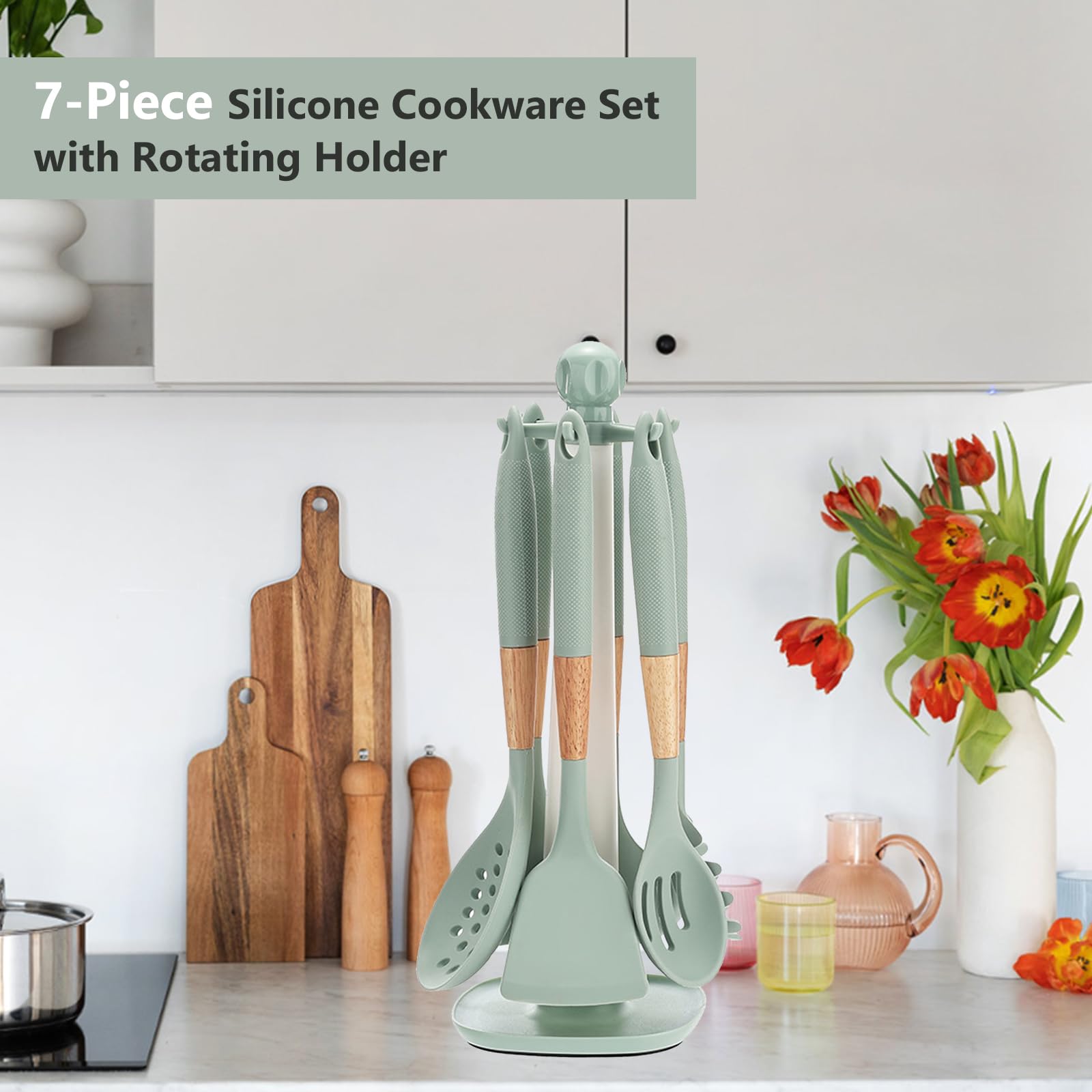 AVEKI Juego de utensilios de cocina de silicona, 7 piezas, con soporte giratorio, resistentes al calor, utensilios de cocina para utensilios de cocina (verde)