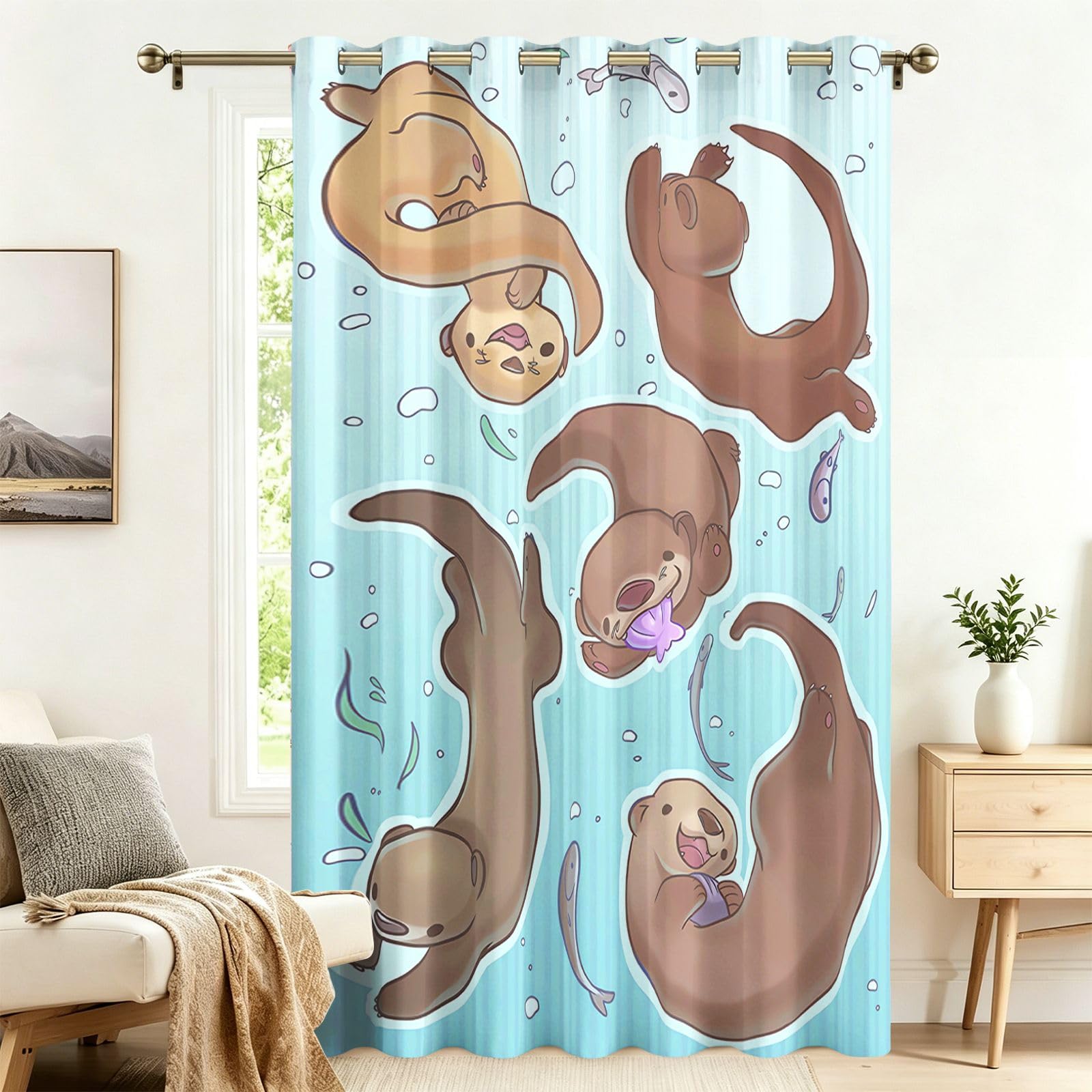 Fadaing Cute Otter Blackout Curtains with Eyelets, 1 Piece, Extra Wide Living Room Door Curtain, 220 x 300 cm, Privacy Screen, Opaque, Patterned, Against Heat, Darkening Room Divider