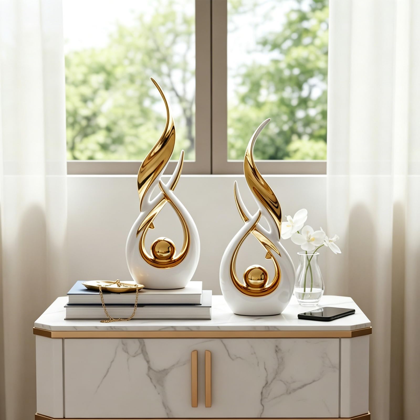 Set di 2 statue astratte in ceramica dorata, stile astratto moderno di metà secolo, decorazione per la casa, mensola da caminetto su mensola unica, divisorio per mobile TV, tavolo e tavolo da pranzo