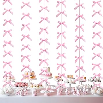 Pink Ribbon Bow Hanging Garland for Baby Shower Pink Bow Party Decorations Girls Bow Birthday Decoration Tying the Knot Bridal Shower Party Room Decor 6pcs