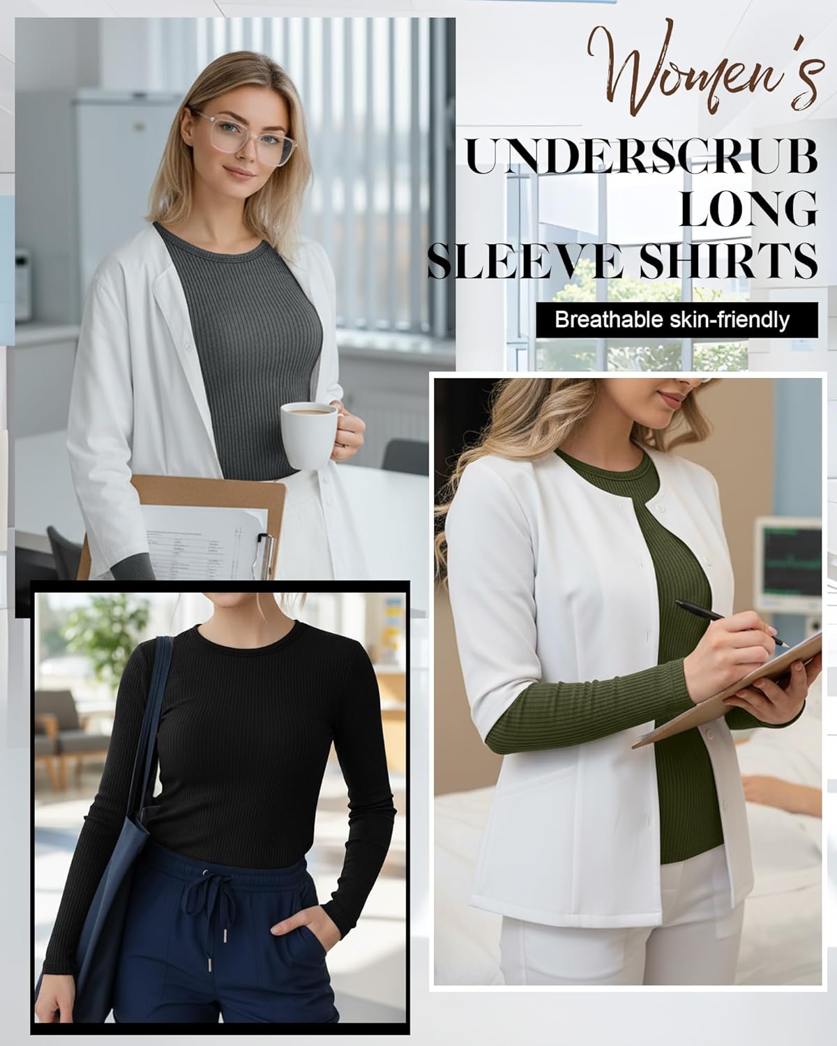 4 Pack Women's Underscrub Shirts Long Sleeve Ribbed Crewneck Tops Slim Fit Soft Cotton Undershirts for Nurse
