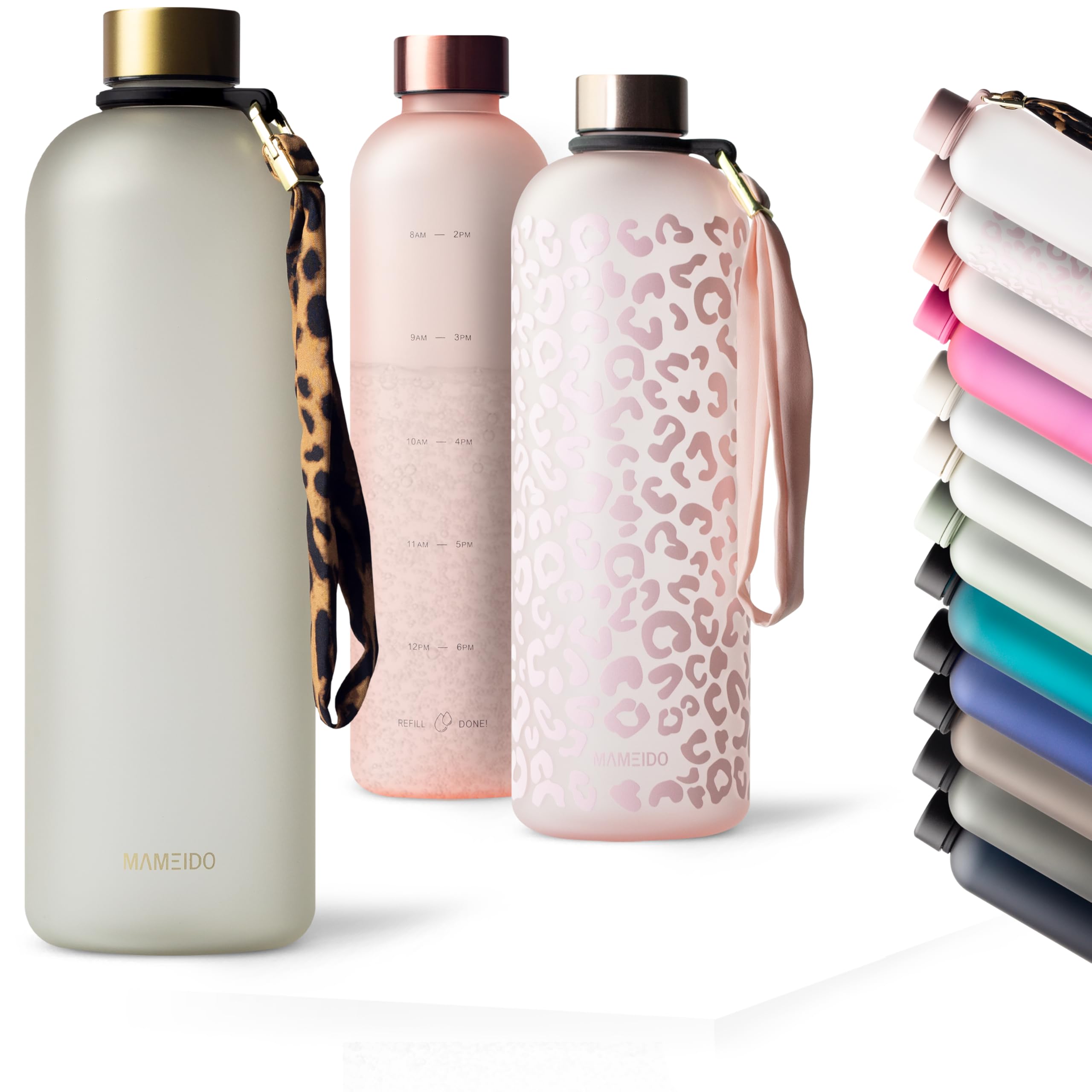 MAMEIDO Trinkflasche mit Zeitmarkierung 1,5 l Kohlensäure geeignet, auslaufsichere Water Bottle, Wasserflasche BPA frei für Sport, Gym & Büro (Ivory Beige Gold)