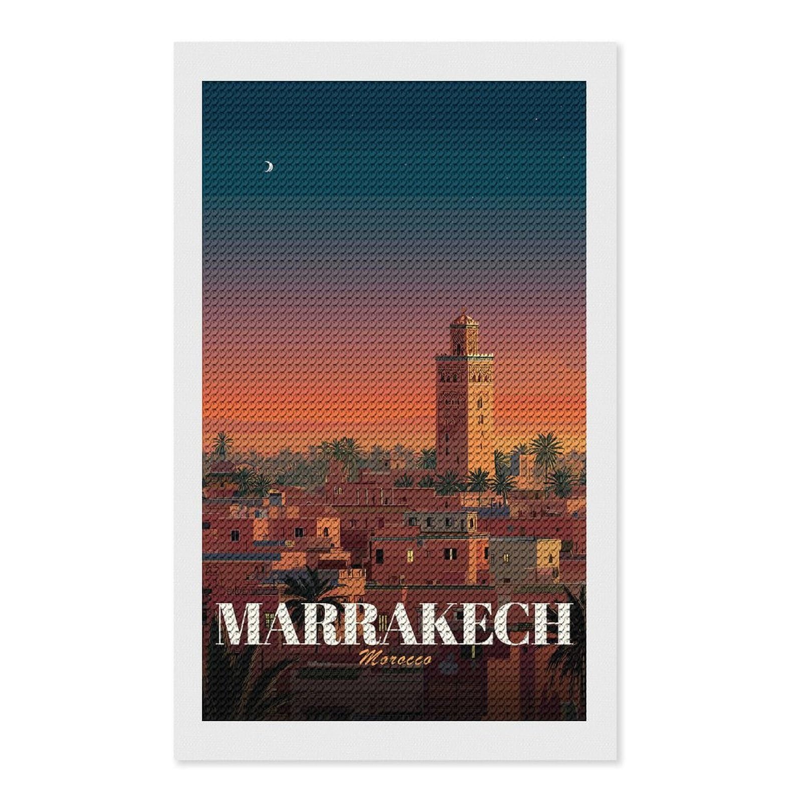 Junmoney Marrakech Morocco Cityscape at Sunset Diamond Art Kit 12"x20", Holiday Gift Idea, for Women, Easy Handmade Project, Vintage Style Decor, Printed Canvas