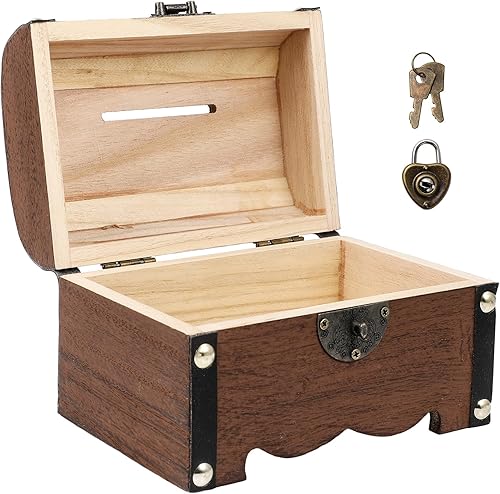 Miniatura 2 de Caja de almacenamiento de madera retro del tesoro, caja de almacenamiento de dinero de madera con cerradura y llaves, alcancía de madera, caja de