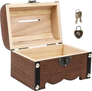 Vintage Wooden Treasure Box with Lock and Key 5.70X3.93X3.93In Piggy Bank Organizer for Home Office Decorative Storage Chest