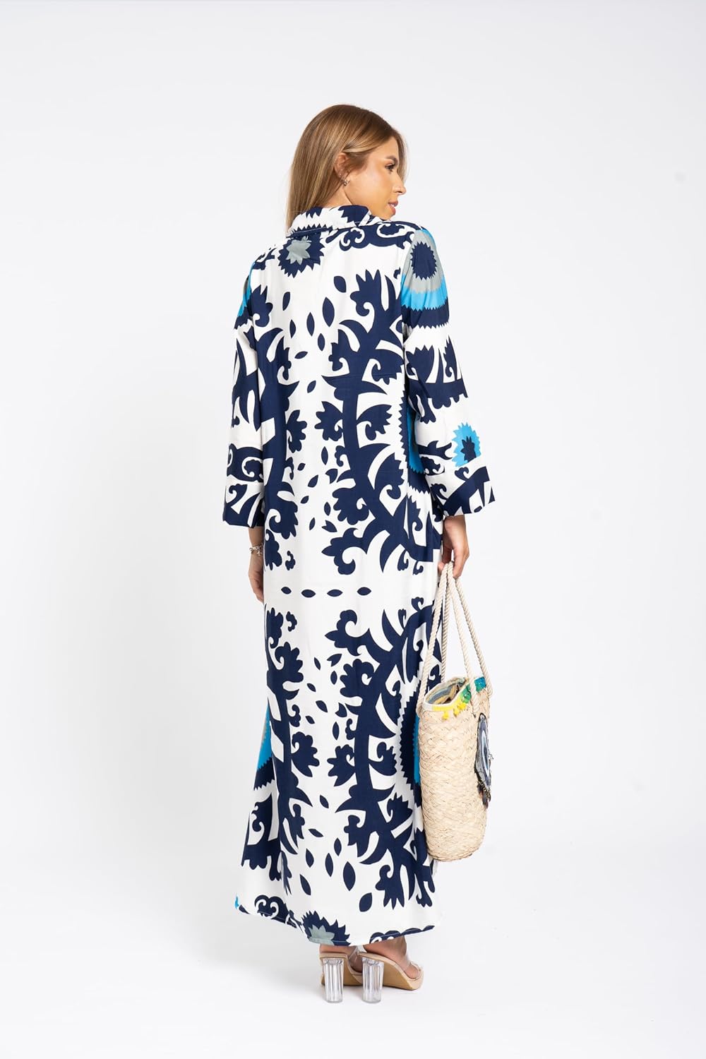 Long Sleeve Boho Maxi Dress for Women's - Casual Long Sleeve Dresses, Floral Print V-Neck Summer Dress Flowy Beach Clothes