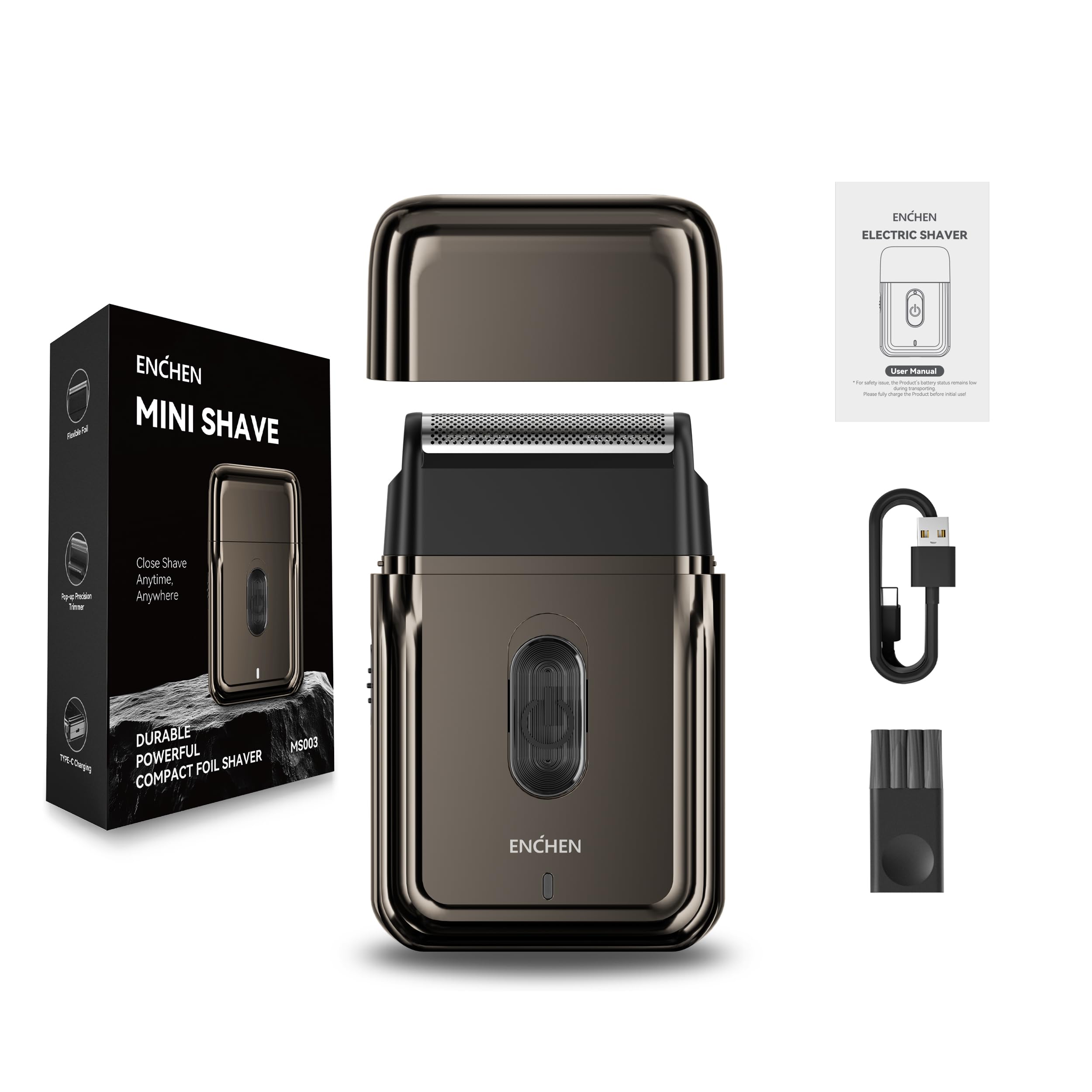 ENCHEN MS003 Electric Foil Beard Shaver for Men,Portable Ultra-Thin Mini,Integrated Pop-Up Trimmer，Powerful Motor Close Shave & Fast Grooming for Home and Travel,Gentle on Skin,Type-C Charging