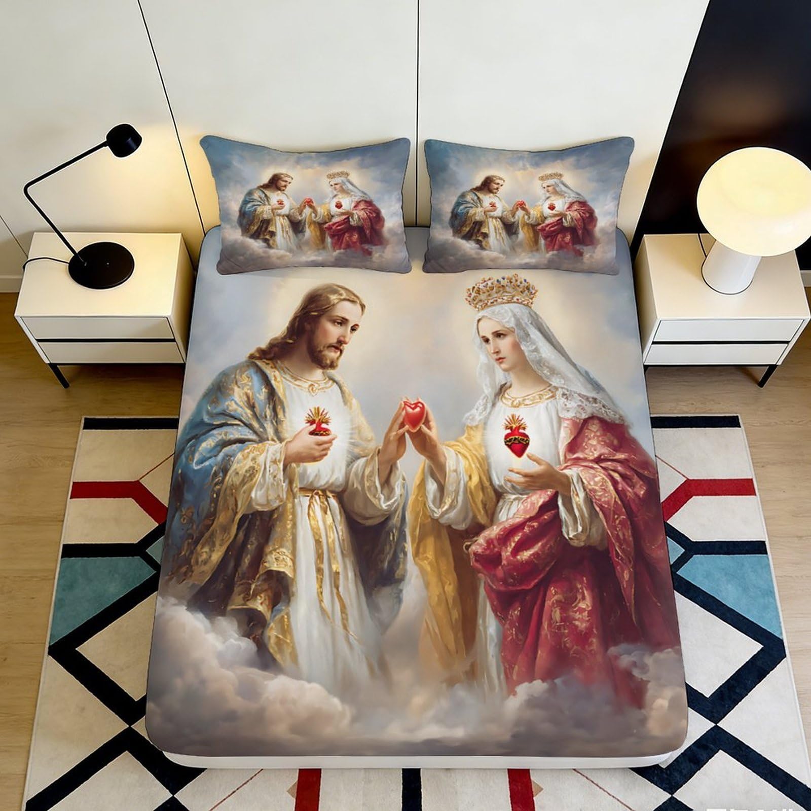 3D Printed Sacred Heart Religious Fitted Sheet Microfiber Soft Jesus Virgin Mary Mattress Cover Bedroom Dorm Decor 90x200x25cm