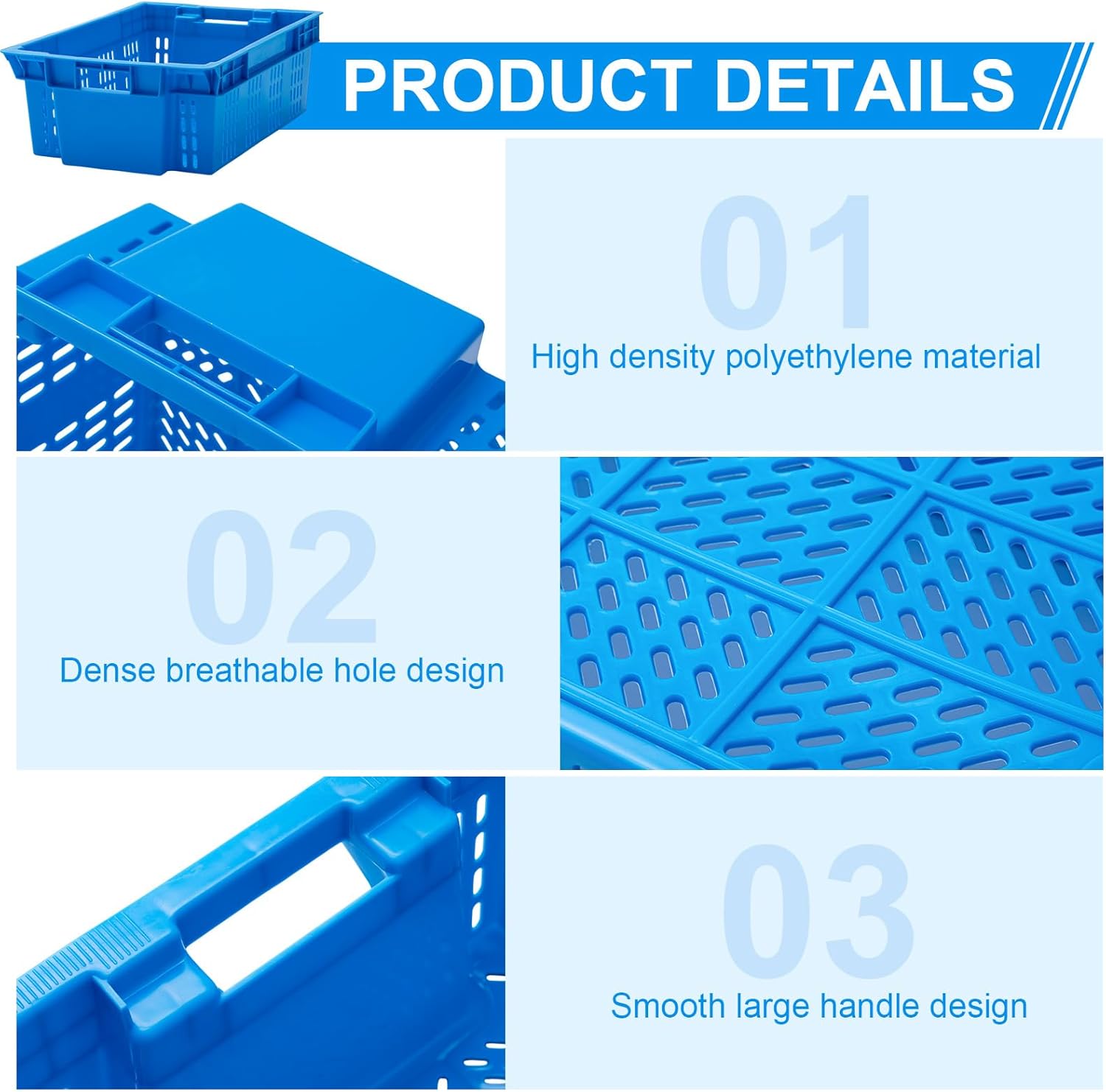 4 Pack Handled Storage Container Totes 23.6" x 16" x 8" Agricultural Nest and Stack Vented Crates Blue Milk Crates Boxes for Farmer Market Warehouse Retail Storage Logistics Transportation