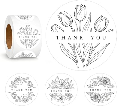 500 PCS Thank You Stickers, 1.5" Black and White Line Art Floral Pattern Thank You Labels for Small Business, Packaging, Envelope Seals, Bakery, Wedding Favors