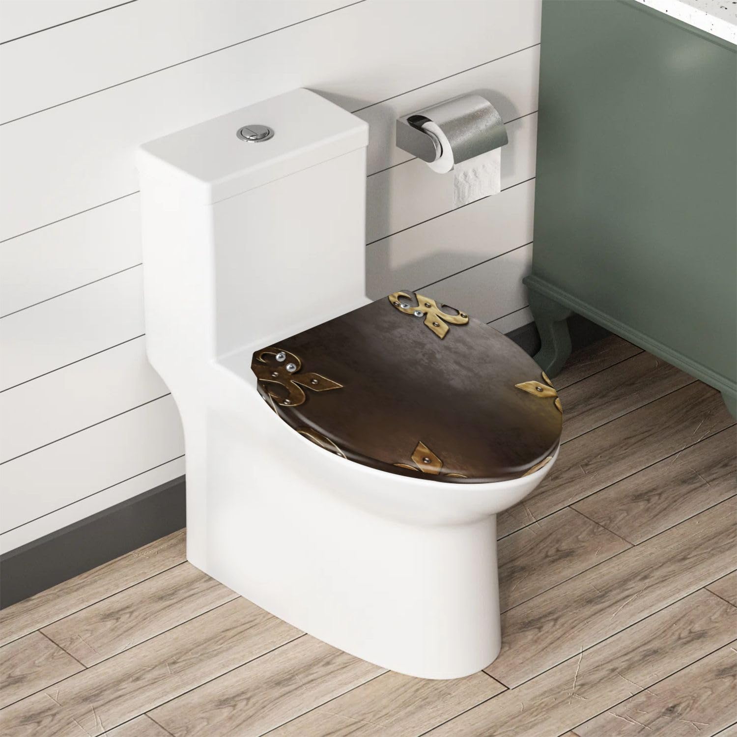 Elongated Toilet Seat Antique wrought iron sheet brass decorative corners 3d Resin Toilet Seat with Quietly Close Quick Release Hinges Decorative Toilet Seat with Cover Easy to Clean and Install