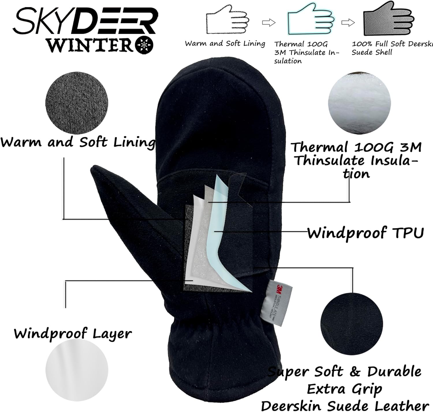 SKYDEER Premium Full Deerskin Suede Leather Soft Winter Mittens, Extra Warm 100G 3M Thinsulate, Thermal Insulated (SD3671M) - Image 2