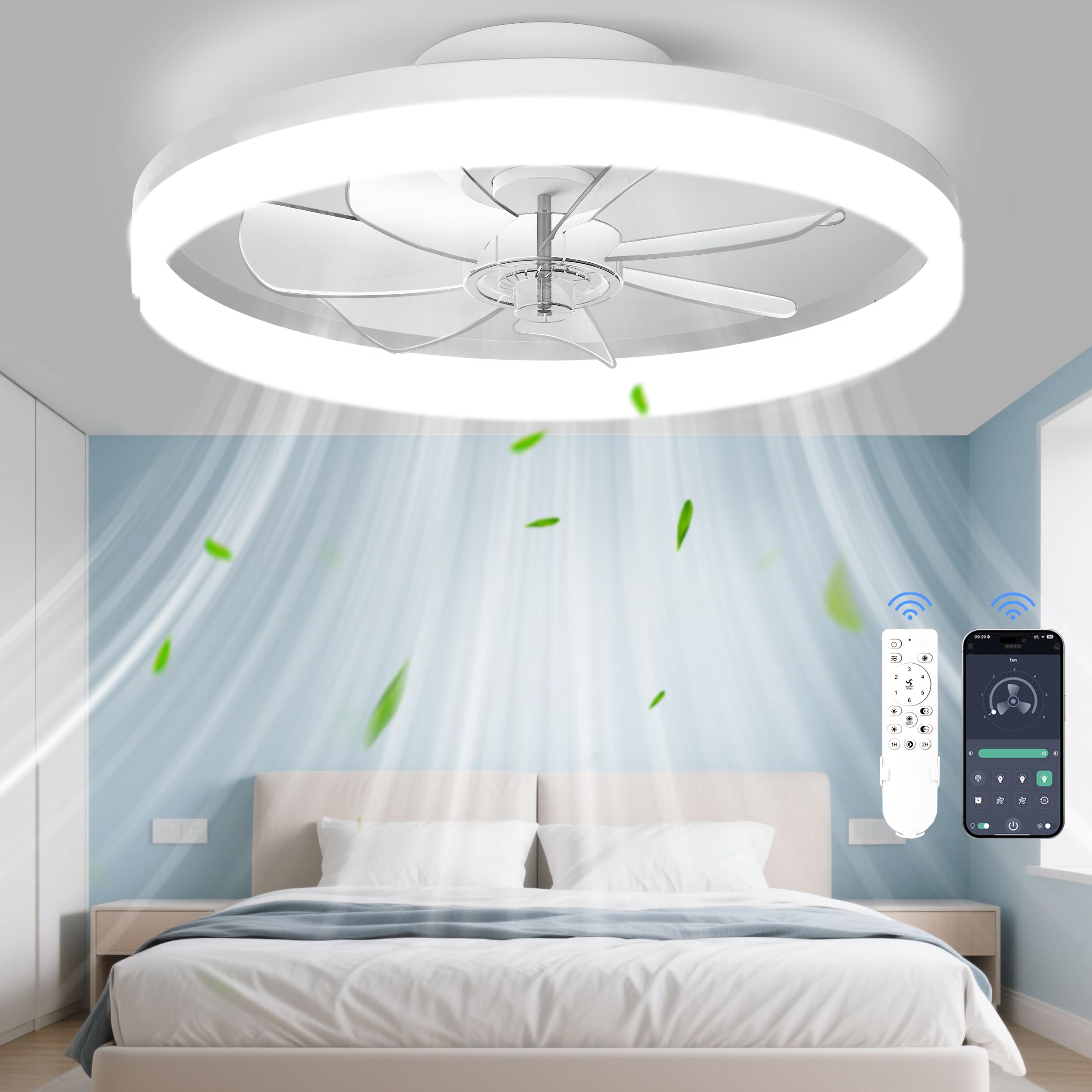 CHAREADA Ceiling Fan with Light, 20" Low Profile Foldable Ceiling Fans | with 6 Wind Speeds, Dimmable Smart Ceiling Fan Light with Remote for Bedroom, Kids Room and Living Room (White)