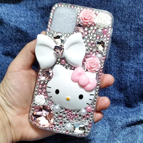 Miniatura 2 de Victor - Funda de silicona para iPhone 14, 13, 12, 11 KT, con diseño de gato, diseño de gato con diamantes de imitación en 3D, hecha a mano (iPhone