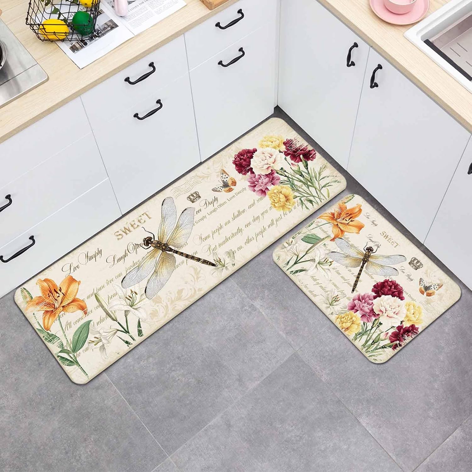 Spring Floral Kitchen Mats Set of 2 Watercolor Flowers Retro Dragonfly Letter Print Non Slip Mat Washable Floor Rug for Kitchen Sink Floor Laundry, 19.7"x31.5"+19.7"x47.2"