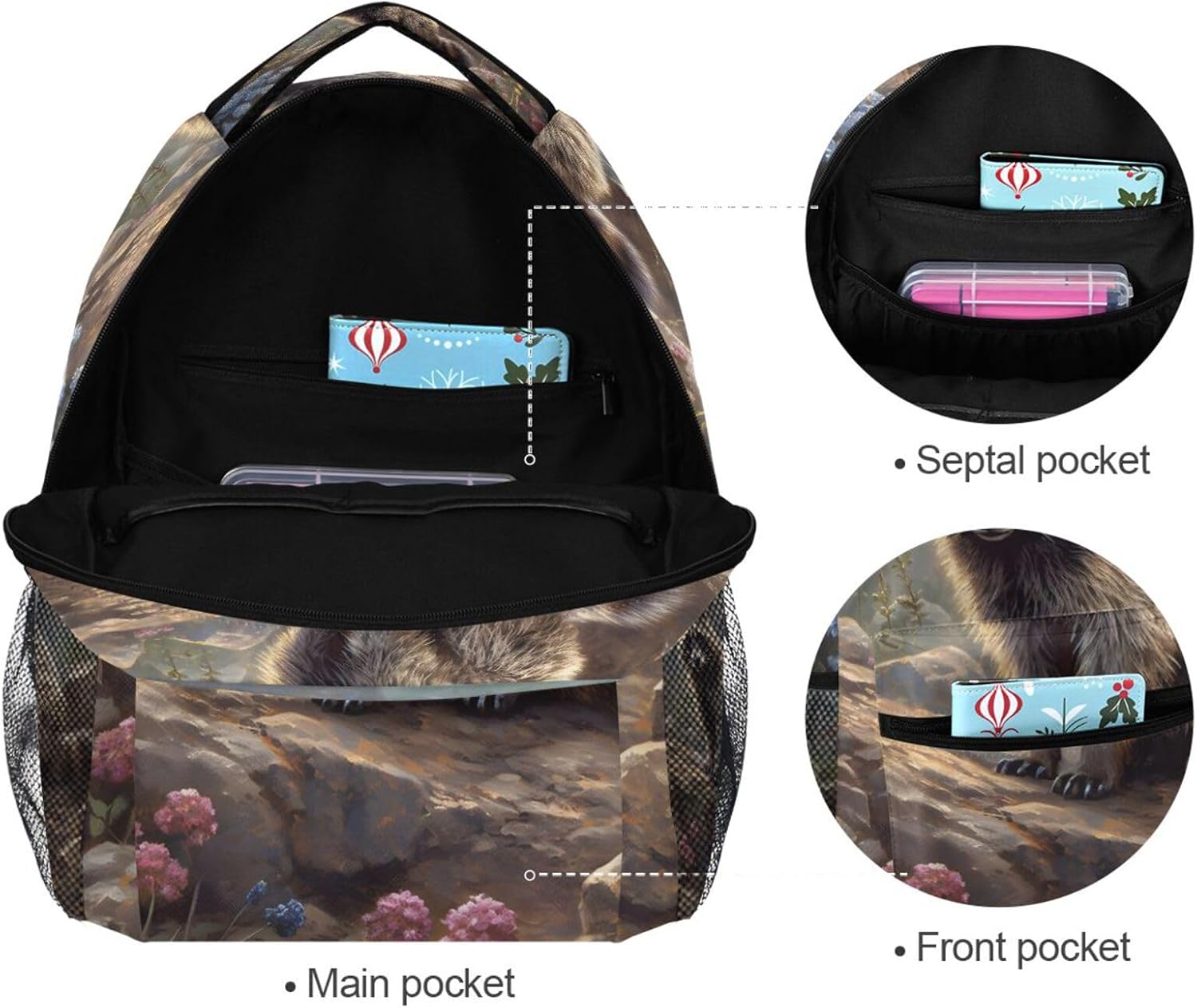 Raccoon on Rock Kids Travel Backpack Large Capacity Light Weight School Bag for Boys Girls Small