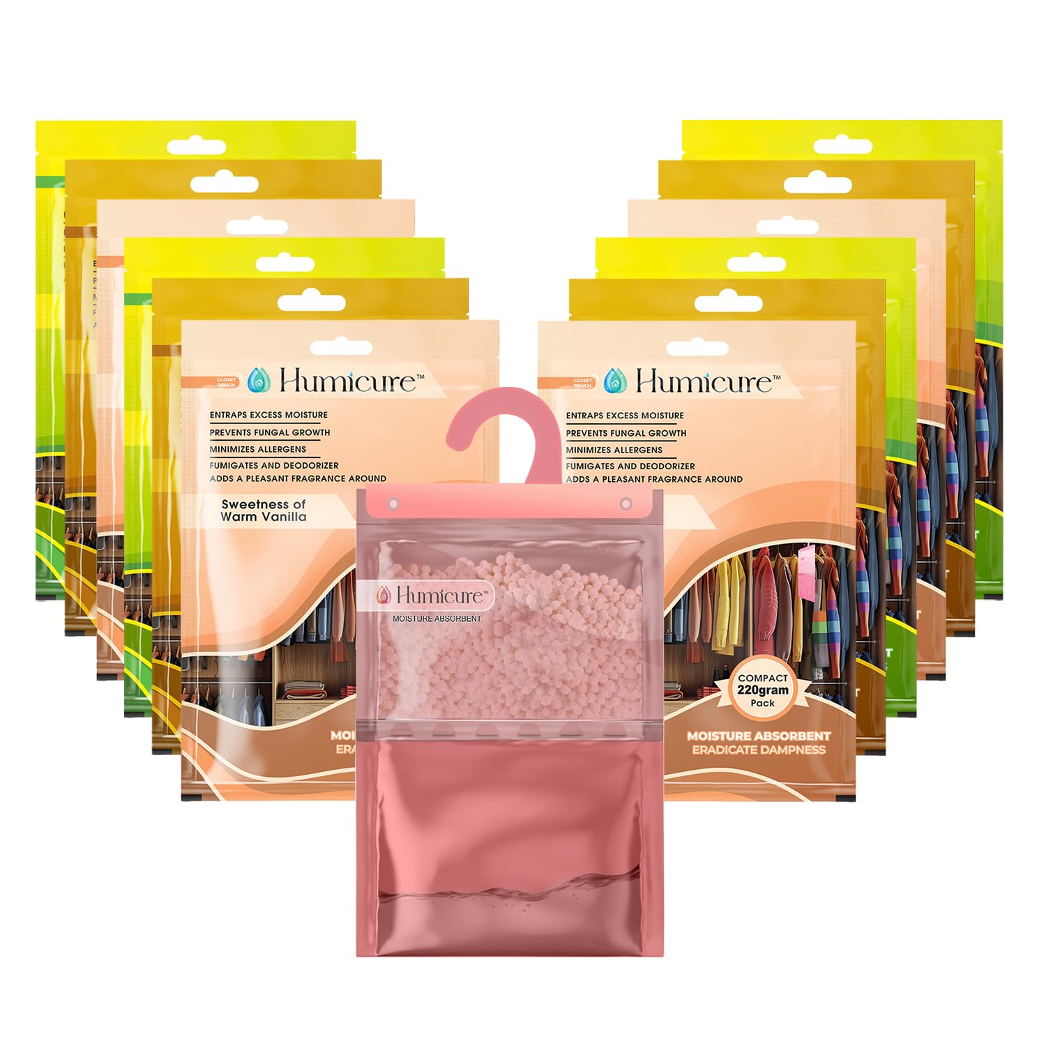 Humicure Moisture Absorber Dehumidifier | 500ml Absorption Capacity | Prevents Mold, Dampness & Odor in Wardrobe, Bathroom, Kitchen & Bedroom | 220g x 12 (Fragrance Combo)