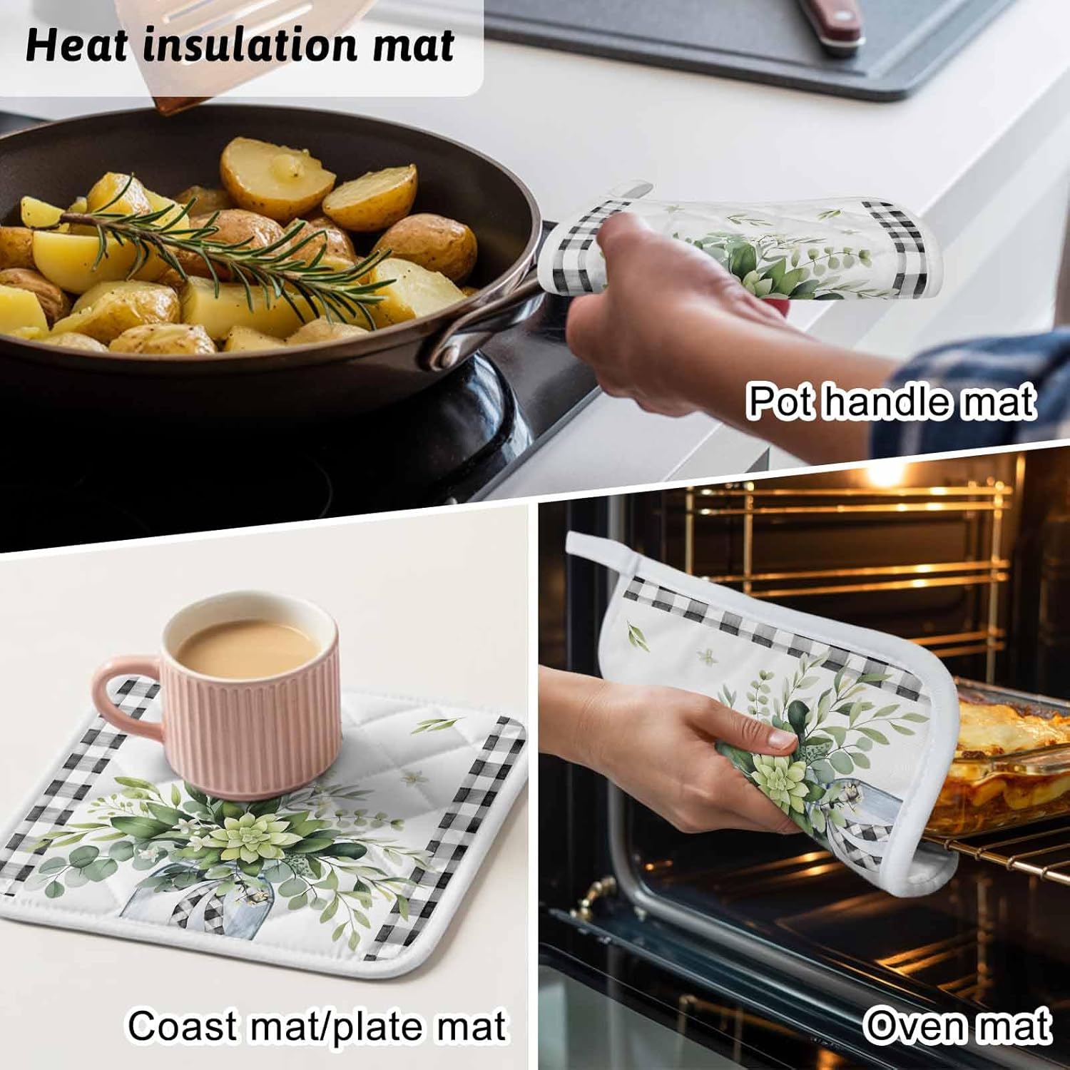 5 Pack Pot Holders for Kitchen, Eucalyptus Leaf Hot Pads for Kitchen Countertops Oven Pot Holder Bulk, Farmhouse Buffalo Plaid Green Botanical Heat Insulation Potholders with Hanging Loops