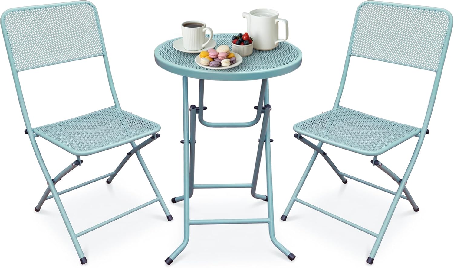 Four Seasons Courtyard Padova Foldable 3 Piece Powder Coated Steel Mesh Outdoor Patio Bistro Dining Set, Includes 1 Table and 2 Chairs, Blue