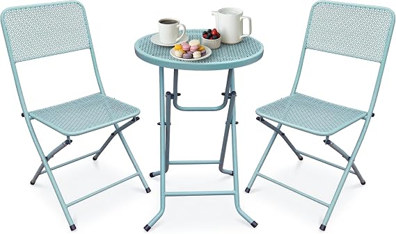 Four Seasons Courtyard Padova Foldable 3 Piece Powder Coated Steel Mesh Outdoor Patio Bistro Dining Set, Includes 1 Table and 2 Chairs, Blue