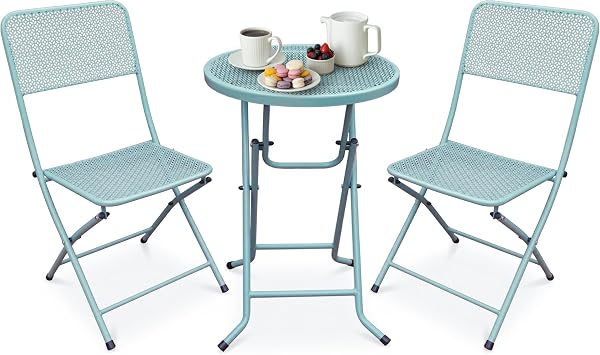Four Seasons Courtyard Padova Foldable 3 Piece Powder Coated Steel Mesh Outdoor Patio Bistro Dining Set, Includes 1 Table and 2 Chairs, Blue