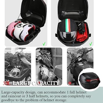 LIVRER 35L Motorcycle Top Box, Waterproof Motorcycle Scooter Tail Box Trunk Luggage Box with Mounting Hardware, Storage Carrier Case for Motorbike Moped Back Rear Case, Can Store Helmet,Bright Black