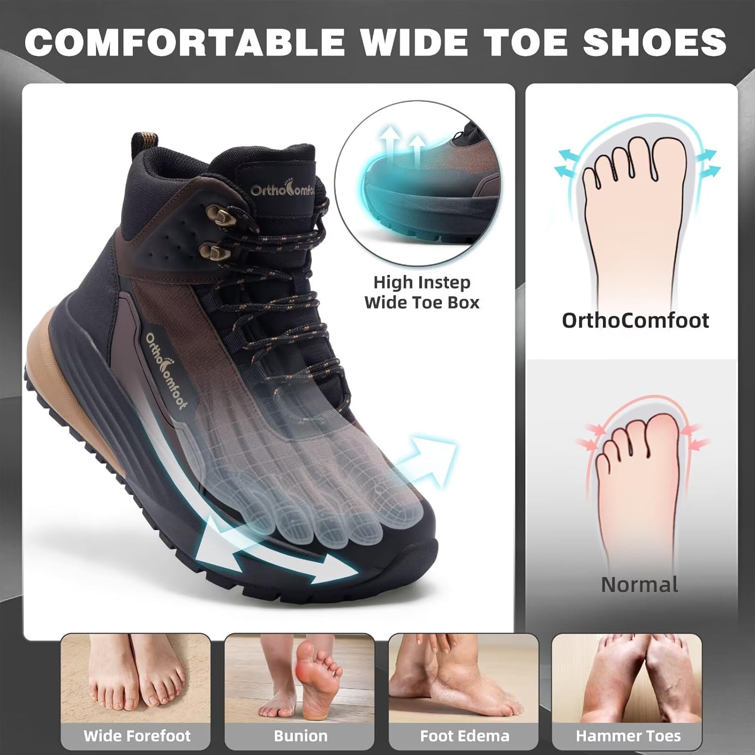 Men's Orthopedic Wide Waterproof Hiking Boots: Comfortable Plantar Fasciitis Arch Support Diabetic Walking Trekking Running Shoes, Orthotic Non Slip Adventures Mid Ankle Boots for Foot Pain Relief - Image 4