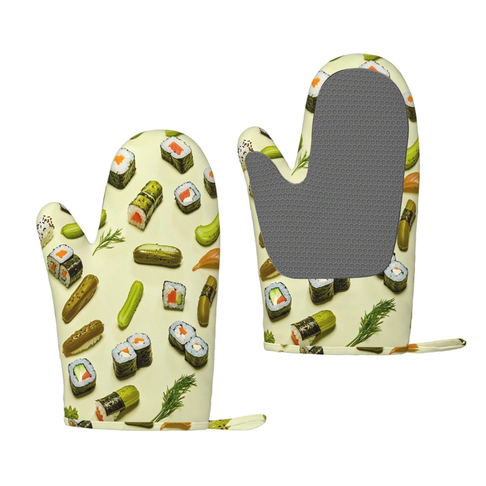 Oven Mitts Sets of 2 Heat Resistant Kitchen Gloves Sushi Dill Pickles Oven Mitts BBQ Oven Gloves Non-Slip Silicone Oven Mitts Waterproof Cooking Safety Gloves for Kitchen Baking Cooking