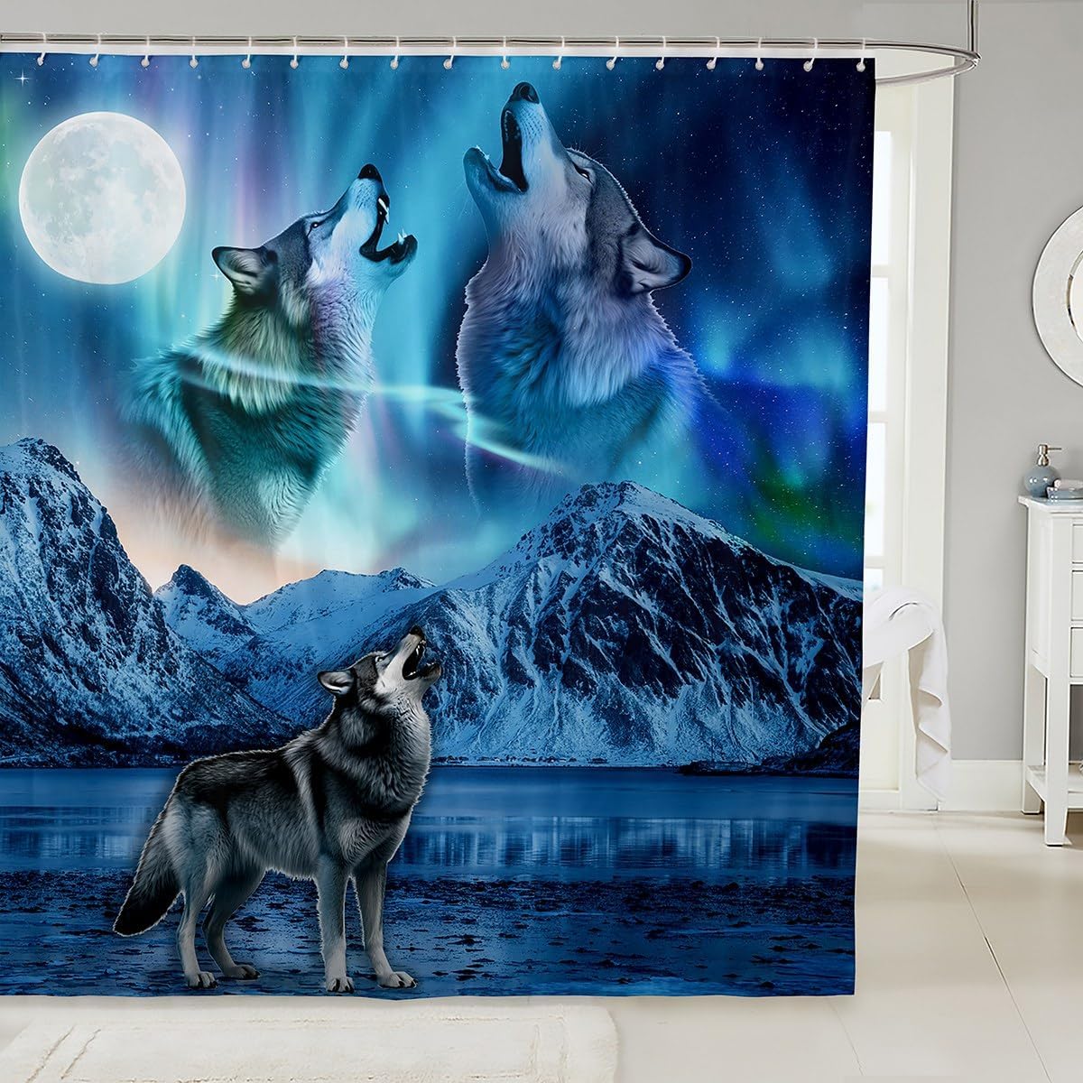Feelyou Wolf Fabric Shower Curtain Wolves Howling Shower Curtain for Boys Teens Decor Aurora Bathroom Waterproof Accessories with 12 Hooks Moon Wolf Bedroom Mountain Curtains,72x78 Inches