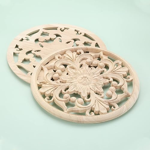 Miniatura 7 de MUXSAM Apliques decorativos de madera, 2 piezas redondas de madera, calcomanías talladas sin pintar, decoración central para el hogar, armario,