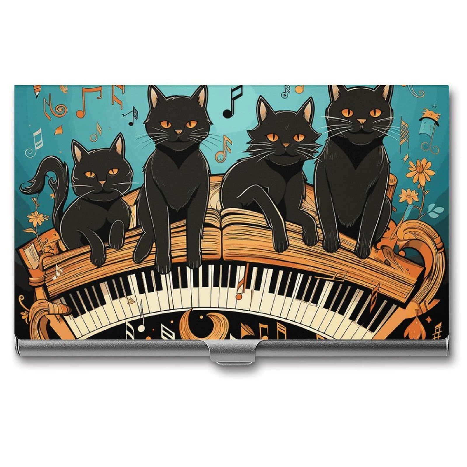 Fekiloot Unisex Silver Four Black Cats Lying On The Piano Keyboard Card Holder Color Business Card Box Magnetic Travel Card Case Wallet Portable Business Card Carrier Suitable For Business Professionals Office