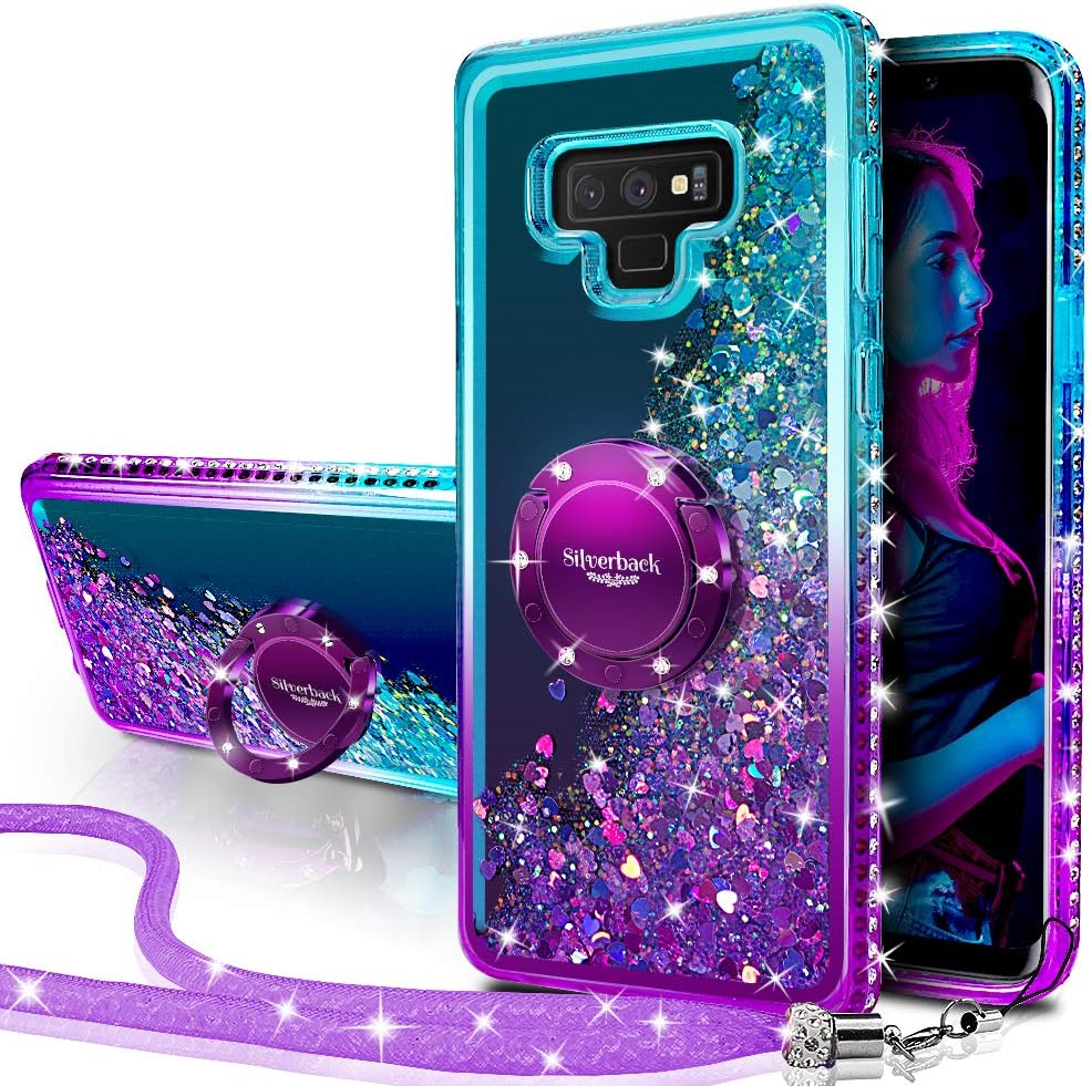 Miss Arts for Samsung Note 9 Case, [Silverback] Moving Liquid Holographic Sparkle Glitter Case With Kickstand, Bling Diamond Bumper Ring Slim Case for Girls Women for Samsung Galaxy Note 9 -Purple